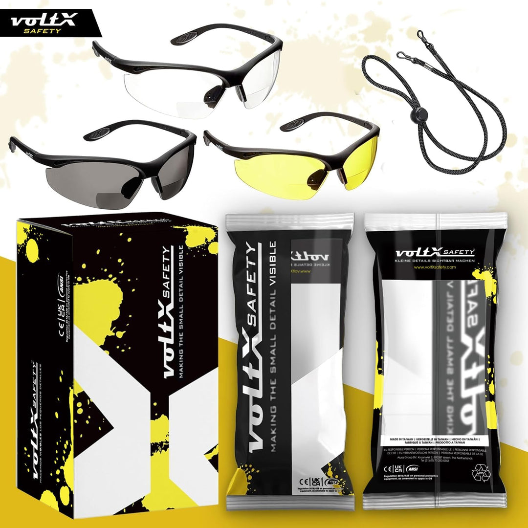 voltX 3 x Constructor' BIFOKALE Schutzbrille mit Lesehilfe (+2.5 Dioptrie klare, gelbe & rauchgraue