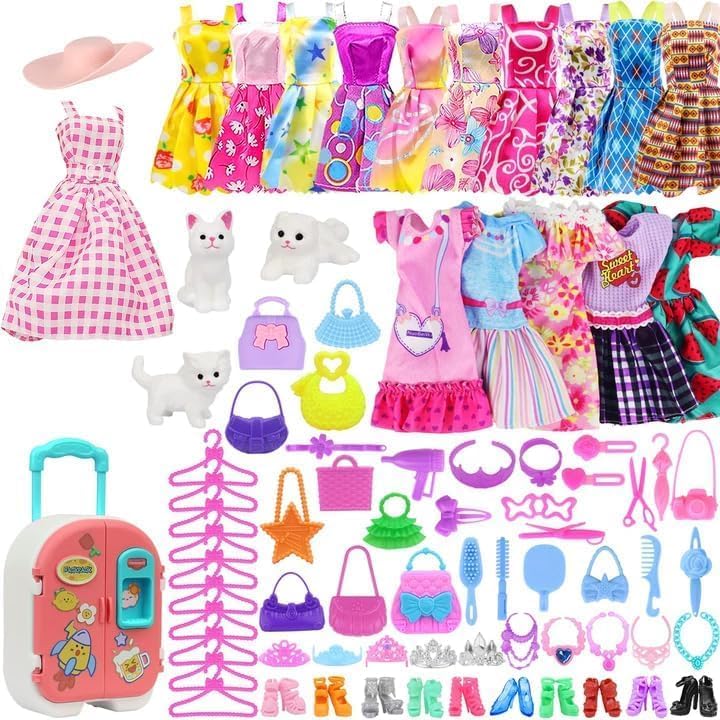 83 Teile Puppenkleidung Puppenzubehör Kleiderschrank für 11,5 Zoll Puppe Dress Up Set mit Koffer, Kl