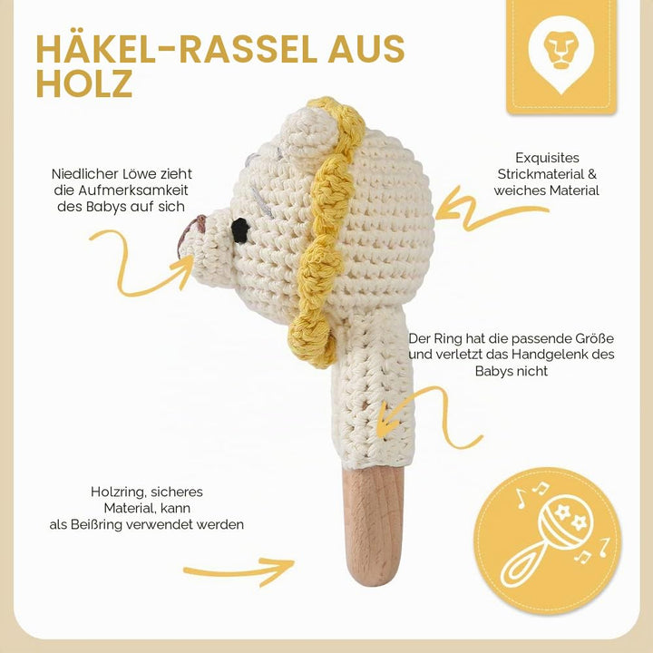 Youuys Babyrassel Gehäkelte Holz Häkeln Tiere Greifling Baby Holz Rassel Baby mit Sound Handmade Ras