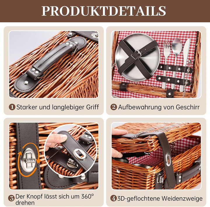 Weiden-Picknickkorb für 2 Personen, Weidenkorb mit Wasserfester Picknickdecke und Besteckset, Pickni