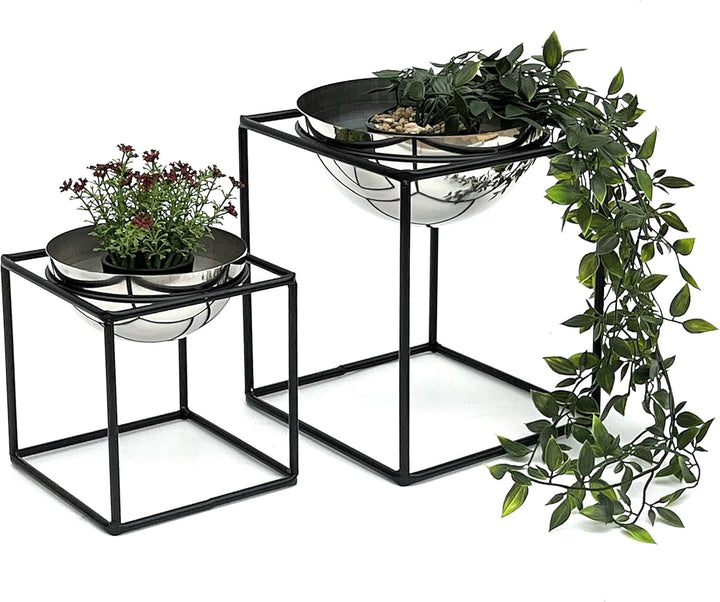 DanDiBo Blumenhocker Metall mit Topf Schwarz Silber Blumenständer 96256 2er Set Blumensäule Modern P