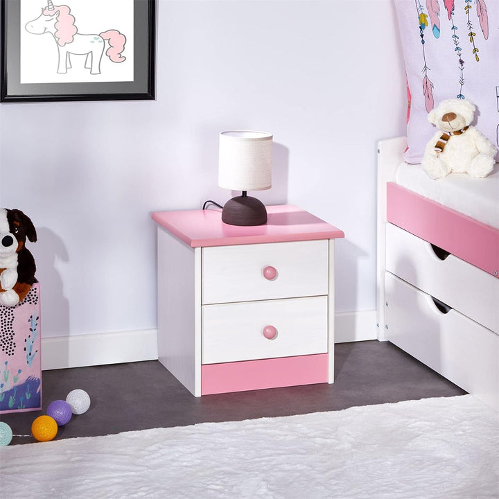 IDIMEX Nachttisch Rondo, Kiefer massiv, weiss-rosa lackiert, 2 Schubladen, Landhausstil, Massivholz,