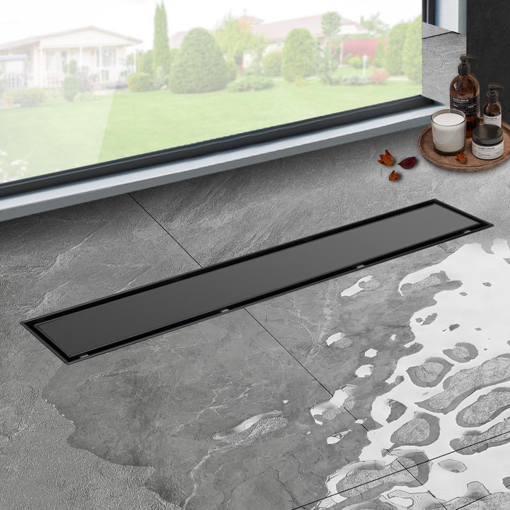 Duschrinne schwarz 80cm Edelstahl Bodenablauf 2-in-1 doppelseitig, Flieseneinsatz Ablaufrinne,schnel