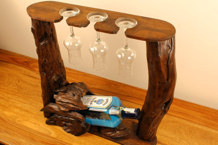 Kinaree XL Wurzelholz Flaschenständer - Teak Flaschenhalter - Edel und Dekorativ für 1 Flasche und 3