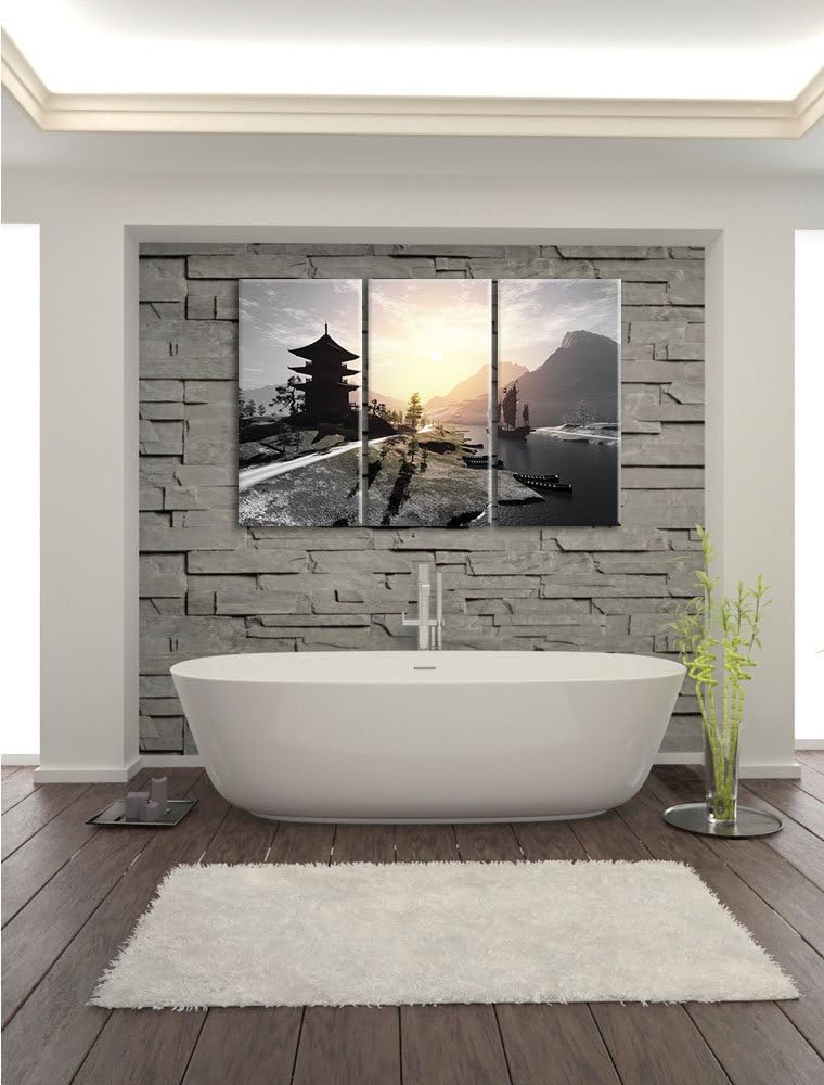 Pixxprint asiatischer Tempel an Fluss als Leinwandbild/Grösse: 3 Teilig (120x80 cm) cm/Wandbild/Kuns