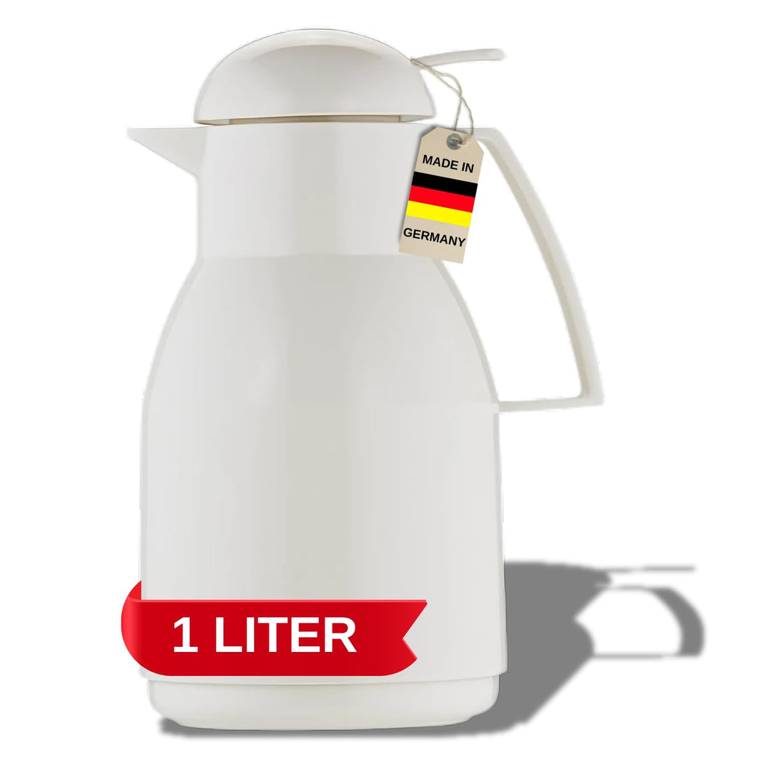 Helios Top Push Thermoskanne Weiss 1L – 6h Heiss - Hält Getränke heiss & kalt – Einhandbedienung – E