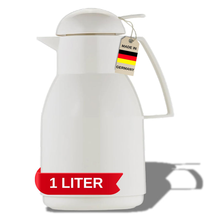 Helios Top Push Thermoskanne Weiss 1L – 6h Heiss - Hält Getränke heiss & kalt – Einhandbedienung – E