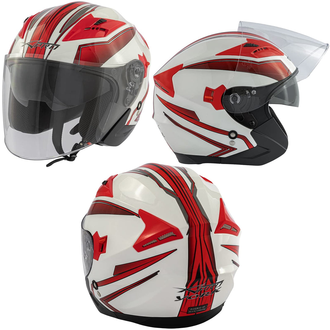 Motorradhelm Doppeltvisier City Jet Zertifikat ECE 22-06 Scooter 59-60 cm ( L) Weiss Rot, 59-60 cm (