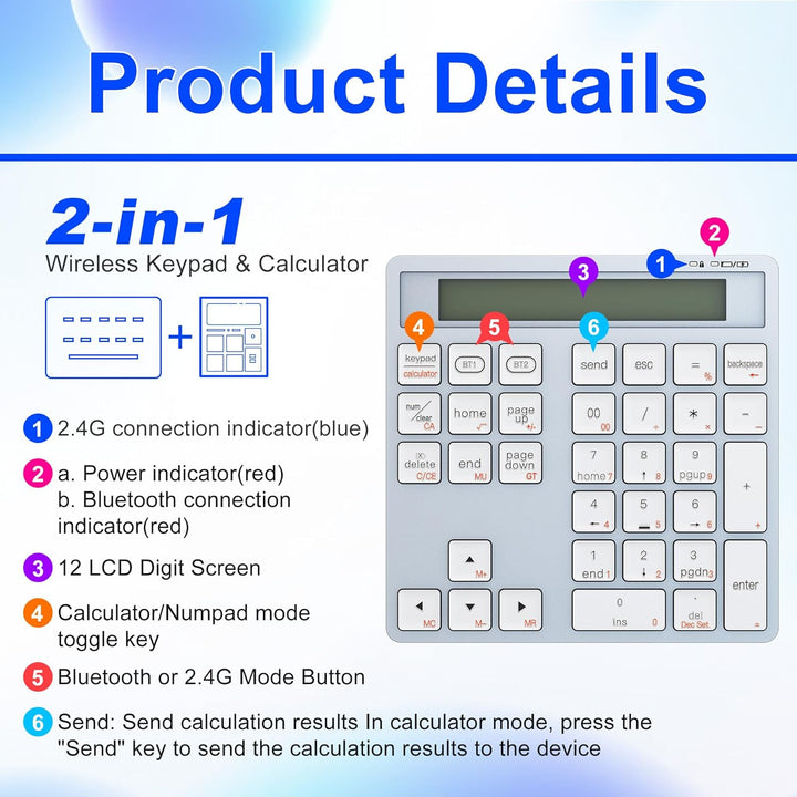 2-in-1 Ziffernblock Bluetooth- 34 Tasten Nummernblöcke mit Taschenrechner für PC/Laptop/Handy/iPhone