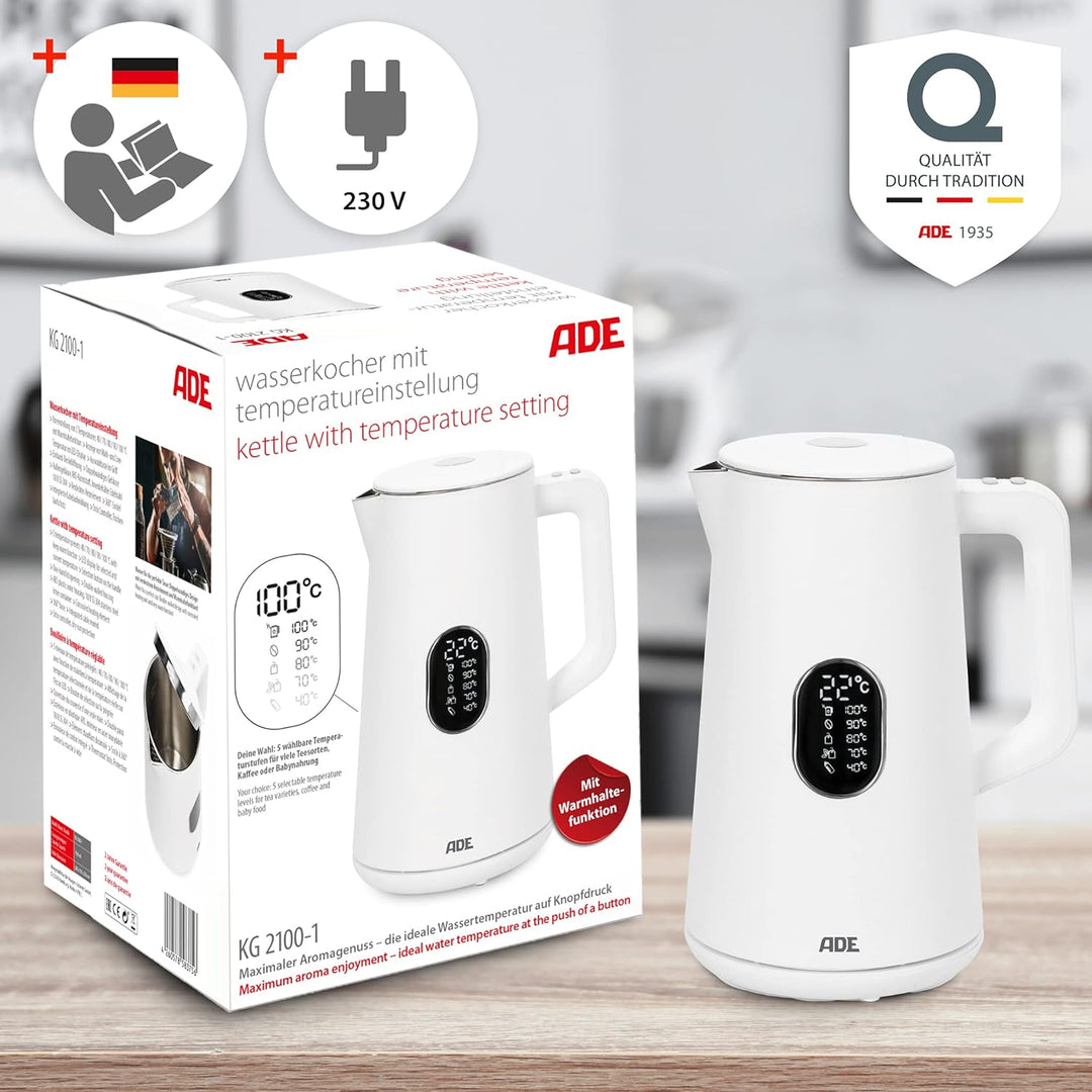 ADE Energiesparender Wasserkocher mit Temperatureinstellung 40-100°C | 1,5 l | Edelstahl | BPA-frei