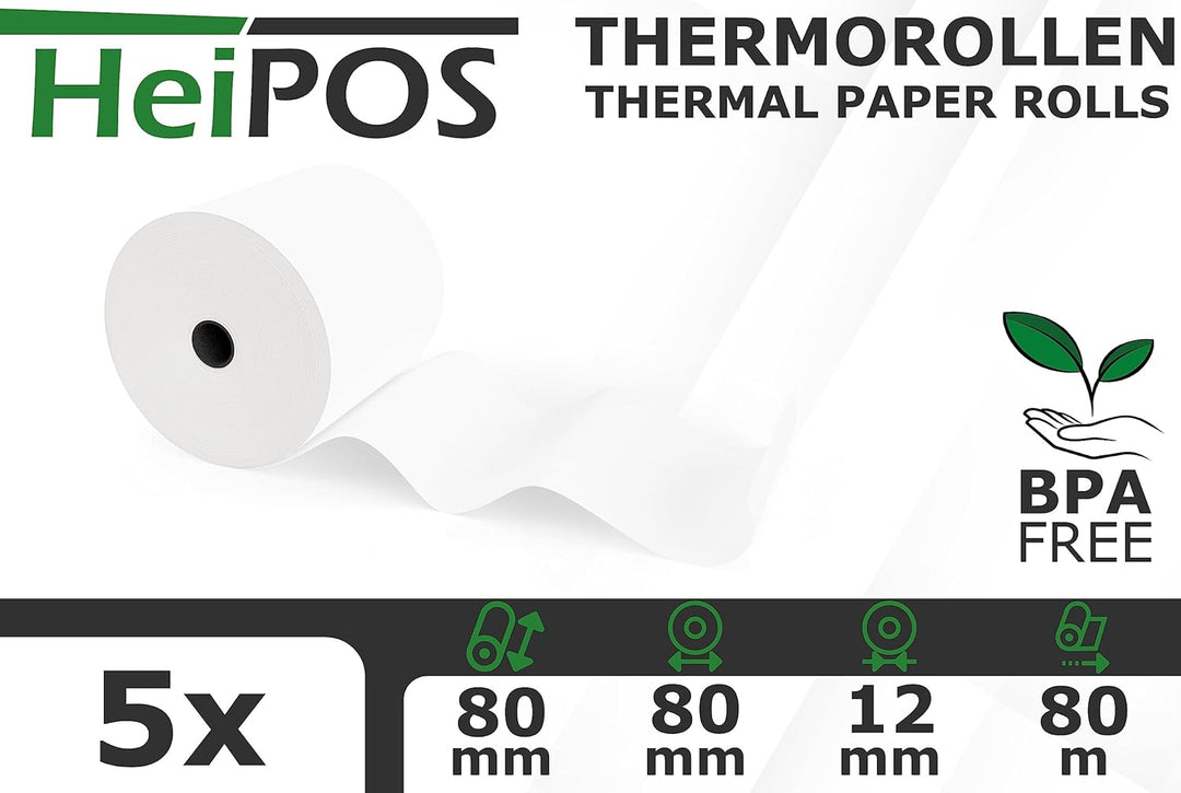 HeiPOS 5x Thermorollen 80mm x 80m x 12mm (Ø 80mm) - Kassenrollen für Epson TM-T88, Star, Citizen, Me
