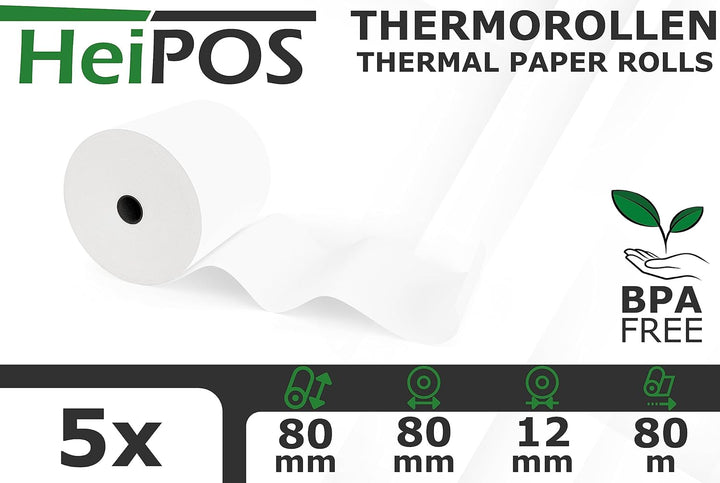 HeiPOS 5x Thermorollen 80mm x 80m x 12mm (Ø 80mm) - Kassenrollen für Epson TM-T88, Star, Citizen, Me
