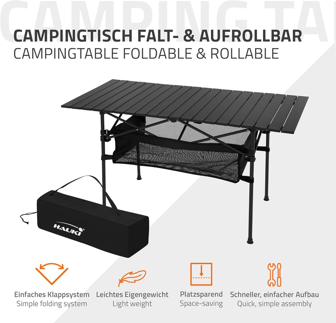 Hauki Campingtisch faltbar Schwarz, 118 x 55 x 64,5 cm, Aluminium Klapptisch, Aufrollbare Tischplatt
