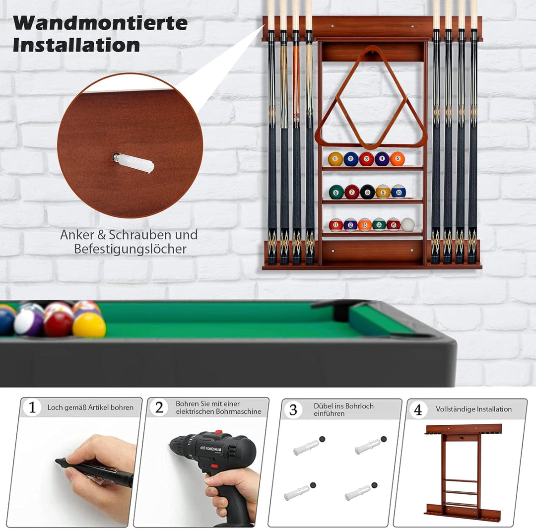 COSTWAY Billard Queue Halter Wandmontage, Wandqueuehalter für 8 Queues, 15 Billardkugeln und 1 Balls