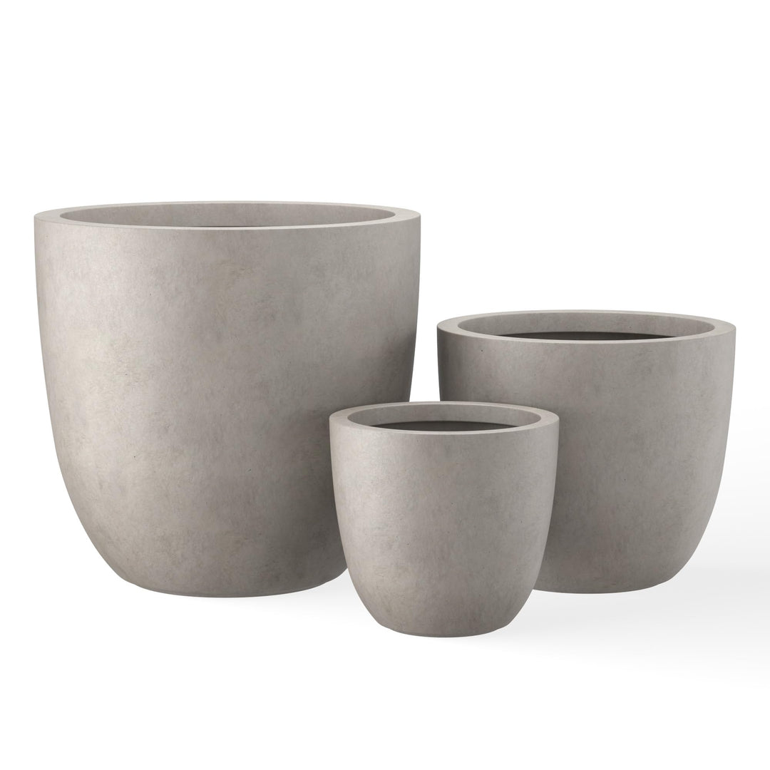 Kante 45,7 cm, 35,6 cm und 25,4 cm B verwitterter Beton, runde Pflanzgefässe (3 Stück), Moderne Pfla