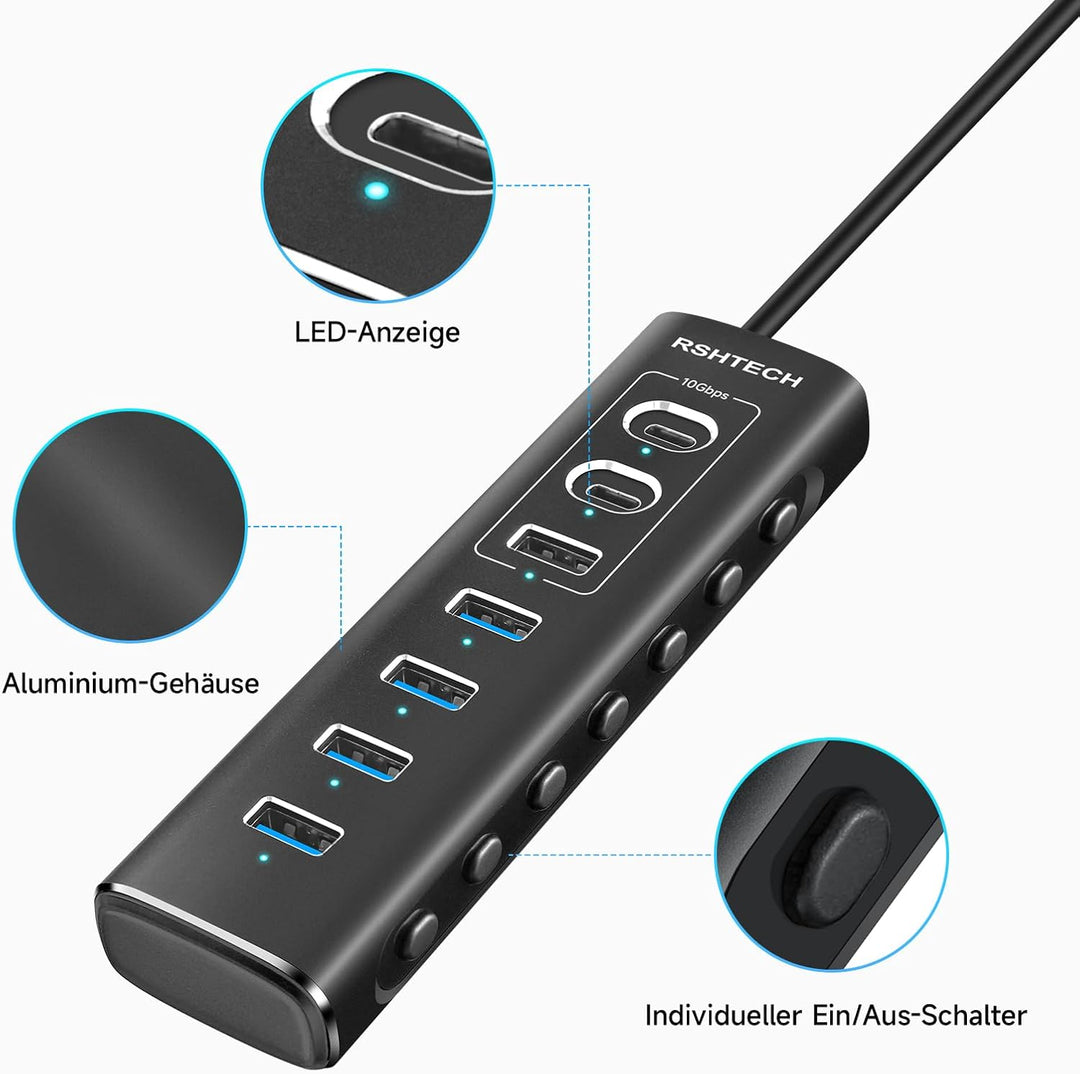 USB C Hub Aktiv mit Netzteil, RSHTECH 7-Port USB C 3.2 Hub Aktiv mit 3*10Gbps USB 3.2-Port (2*Typ-C,