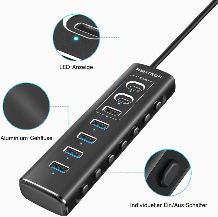 USB C Hub Aktiv mit Netzteil, RSHTECH 7-Port USB C 3.2 Hub Aktiv mit 3*10Gbps USB 3.2-Port (2*Typ-C,