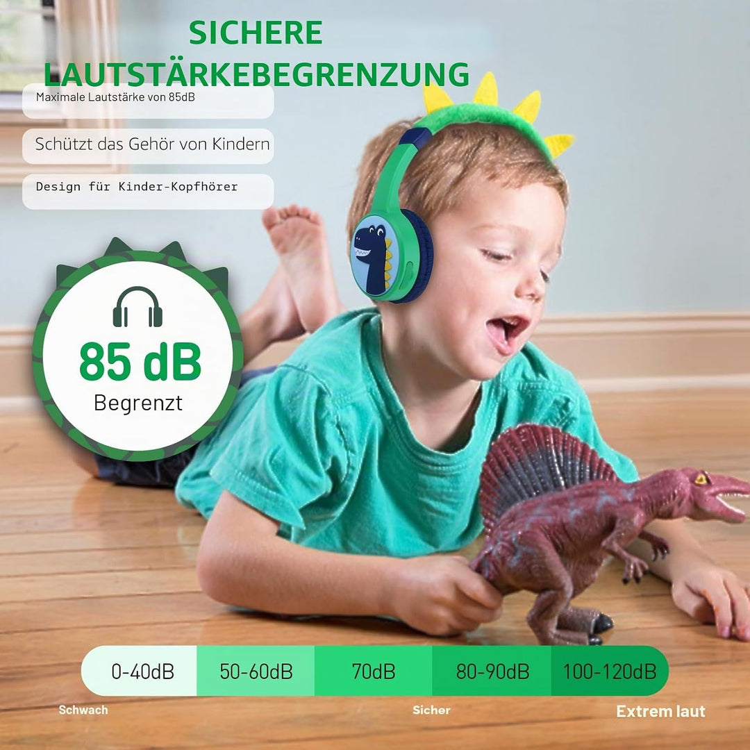 Bluetooth Kopfhörer Kinder, Dinosaurier Kinder Kopfhörer mit Kabel, Mikrofon, 85dB Lautstärkebegrenz