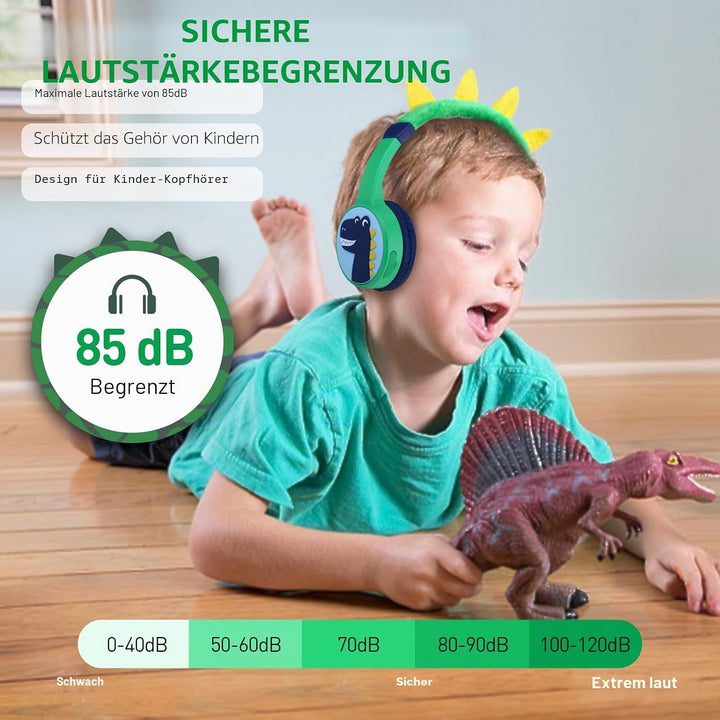 Bluetooth Kopfhörer Kinder, Dinosaurier Kinder Kopfhörer mit Kabel, Mikrofon, 85dB Lautstärkebegrenz