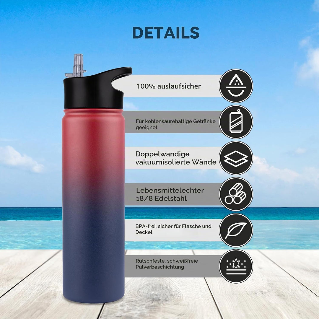 Edelstahl Trinkflasche - 750ml - mit Strohhalm,Auslaufsicher,Kohlensäure Geeignet,BPA frei Thermosfl