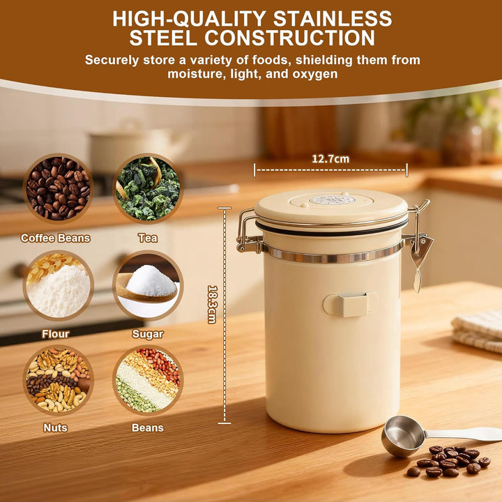 Kaffeedose Luftdicht(1,8 L), Kaffeebehälter, aus Edelstahl, Mit Edelstahl-Löffel, Zeitspeicherfunkti