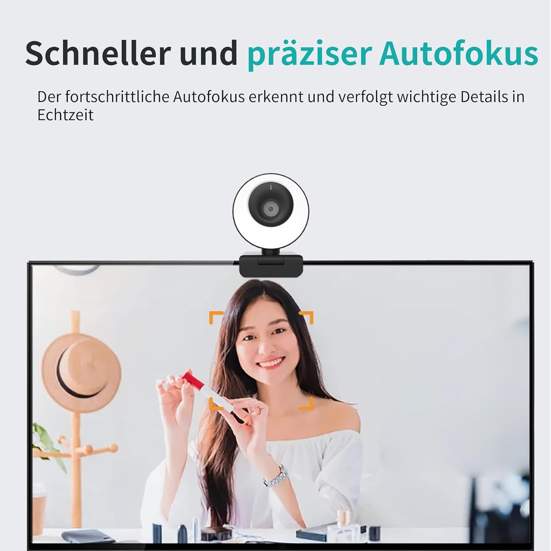 1080P Webcam mit Mikrofon, 60 FPS, Ringlicht mit 3 Lichtmodi, Autofokus, 89° Weitwinkel, Full-HD, Vi