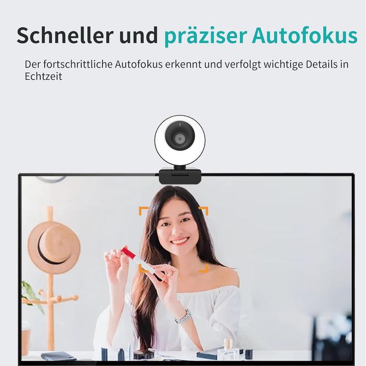 1080P Webcam mit Mikrofon, 60 FPS, Ringlicht mit 3 Lichtmodi, Autofokus, 89° Weitwinkel, Full-HD, Vi