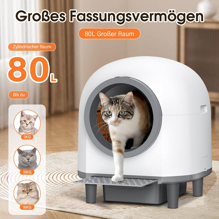 Automatisches Katzenklo 80L, XXL Selbstreinigende Katzentoilette, App-Fernsteuerung mit Mehreren Sic