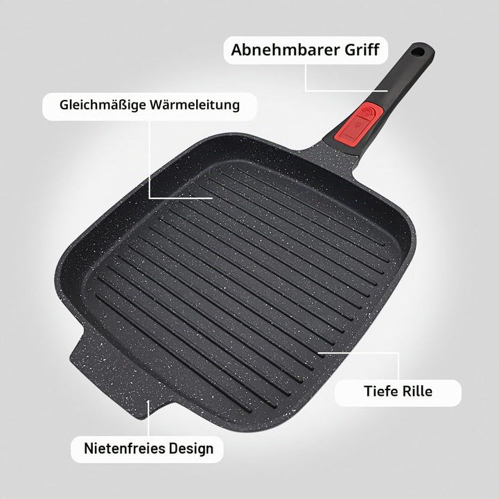 Grillpfanne Induktion mit Abnehmbarer Griff, 24 cm Steakpfanne Antihaft Beschichtet Aluminium Grill