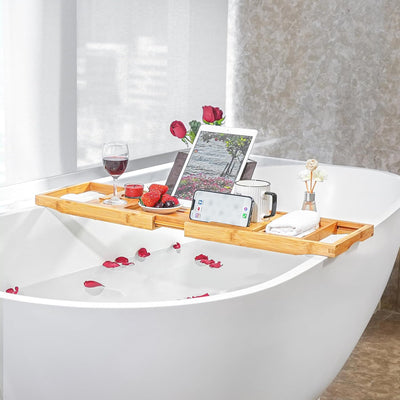 Bambus Badewannen Tablett, ausziehbare Badewannen Tablett für die Badewanne mit verbesserten Weinsch