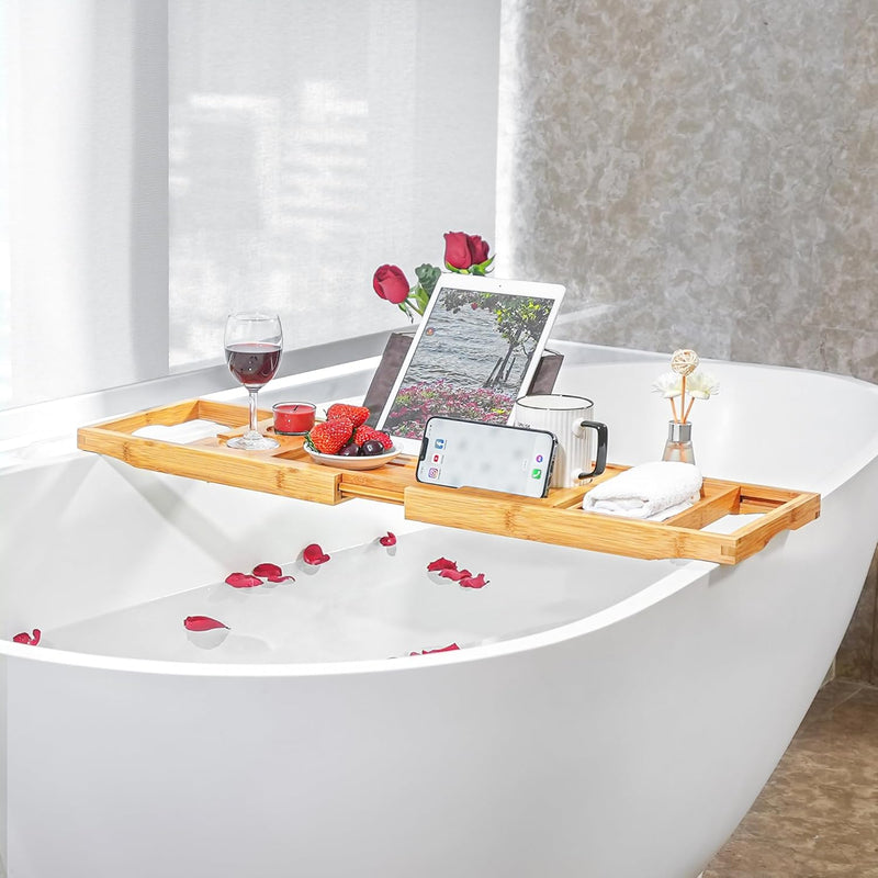 Bambus Badewannen Tablett, ausziehbare Badewannen Tablett für die Badewanne mit verbesserten Weinsch