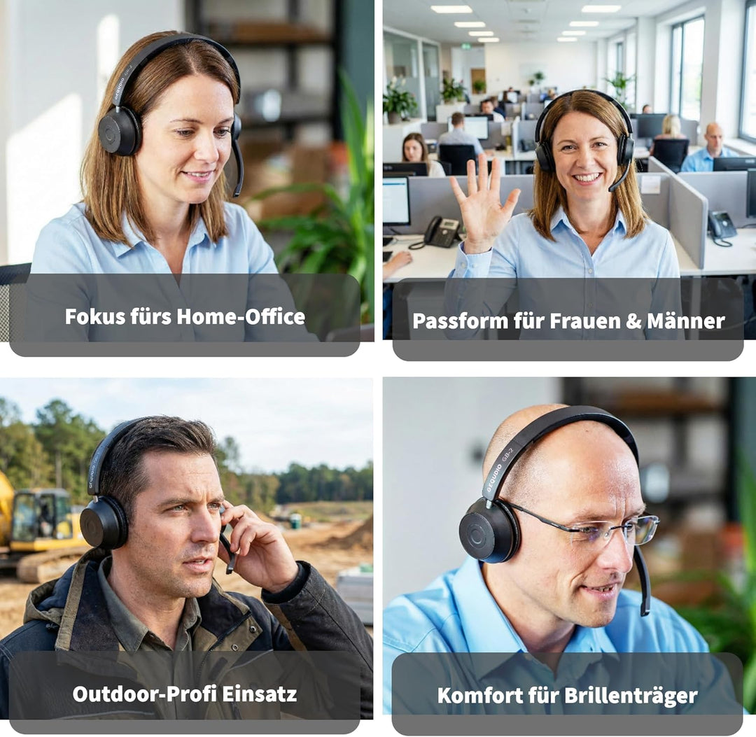 GEQUDIO Bluetooth Headset mit Mikrofon aus Berlin – kabellos Kopfhörer PC Mac Laptop – GB2+ Ladestat