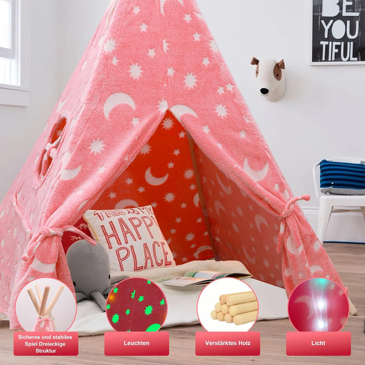 Tipi Zelt für Kinder, Tragbares Tipi Spielzelt,Drinnen Tipi Kinderzelt Rosa, Rosa