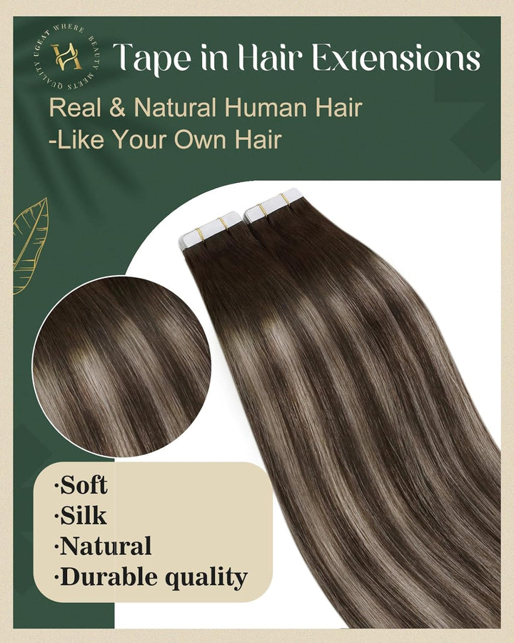 Ugeat Tape in Extensions Echthaar Dunkelbraun 35 cm Remy Balayage Tape in Extensions Ombre Braun Asc