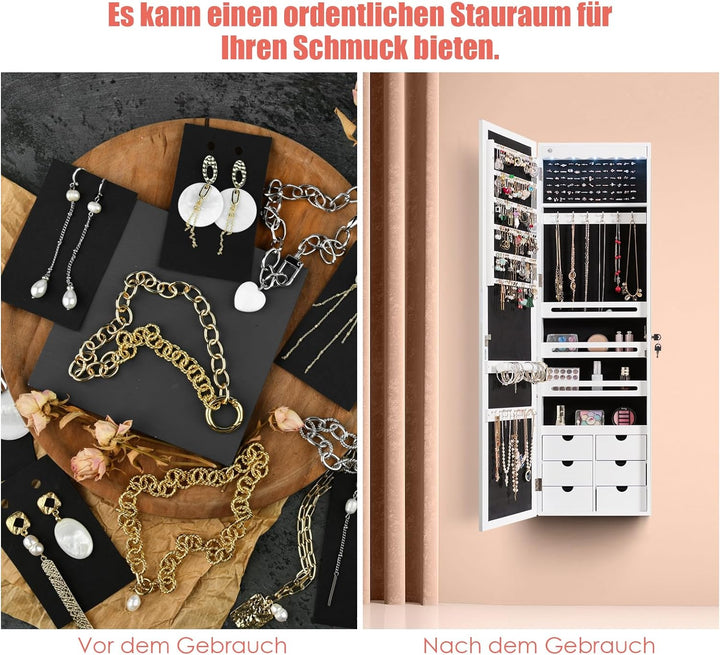 GOPLUS Schmuckschrank mit Schloss & 2 Schlüsseln, Schmuckregal mit LED-Beleuchtung, Spiegelschrank m
