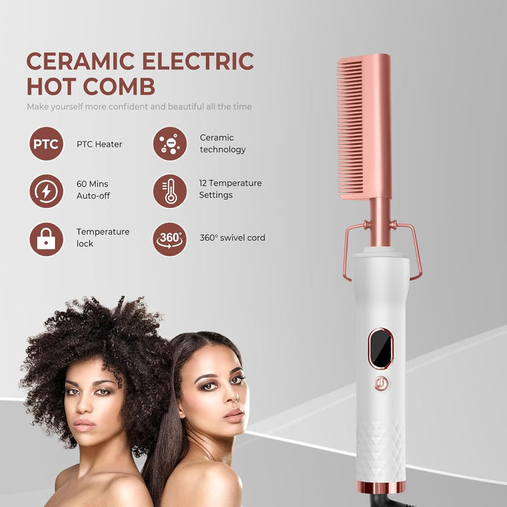 UKLISS Glätteisen Glättbürste, Hot Comb Elektrischer Heisskamm für Afro Haare & Perücken & Bart, Haa