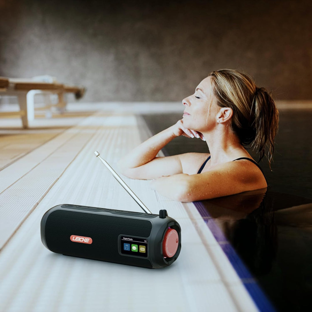 LEICKE DAB+ Radio Tube - Tragbarer Bluetooth Lautsprecher mit DAB+/FM, 4500mAh Akku, RGB-LED Lichter