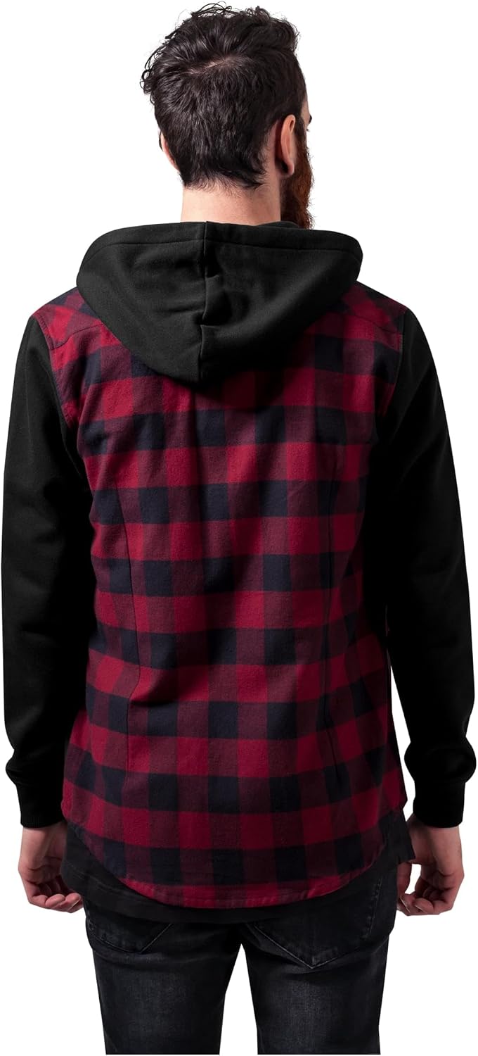 Urban Classics Herren Hooded Checked Flanell Sweat Sleeve Shirt M Blk/Burgundy/Blk, M Blk/Burgundy/B