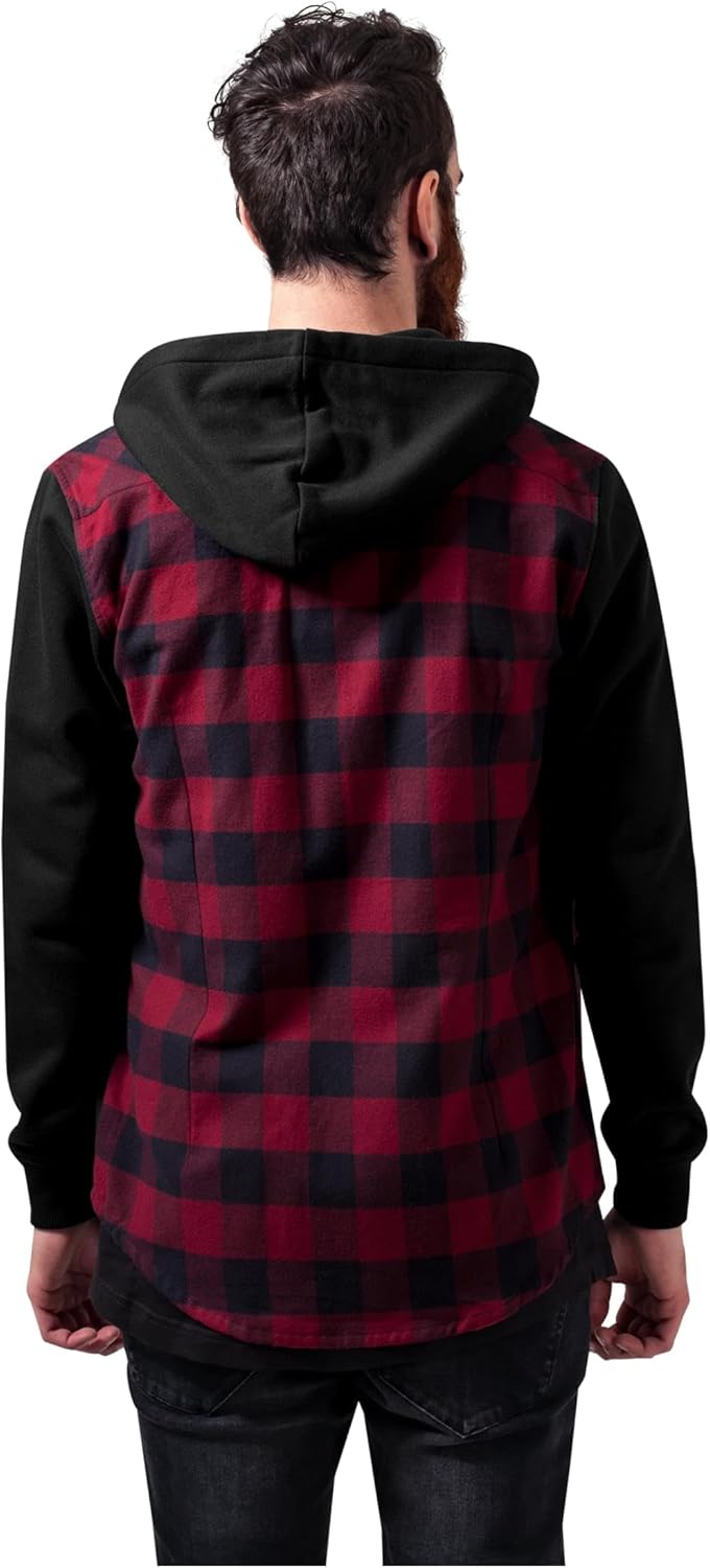 Urban Classics Herren Hooded Checked Flanell Sweat Sleeve Shirt Freizeithemd S Mehrfarbig (Blk/Burgu