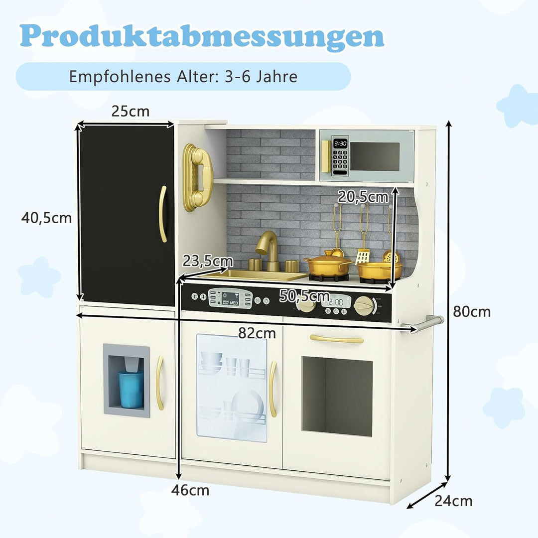 GOPLUS Kinderküche aus Holz, Kinderspielküche mit Mikrowellen, Backofen, Wasserbecken, Kreidetafel &
