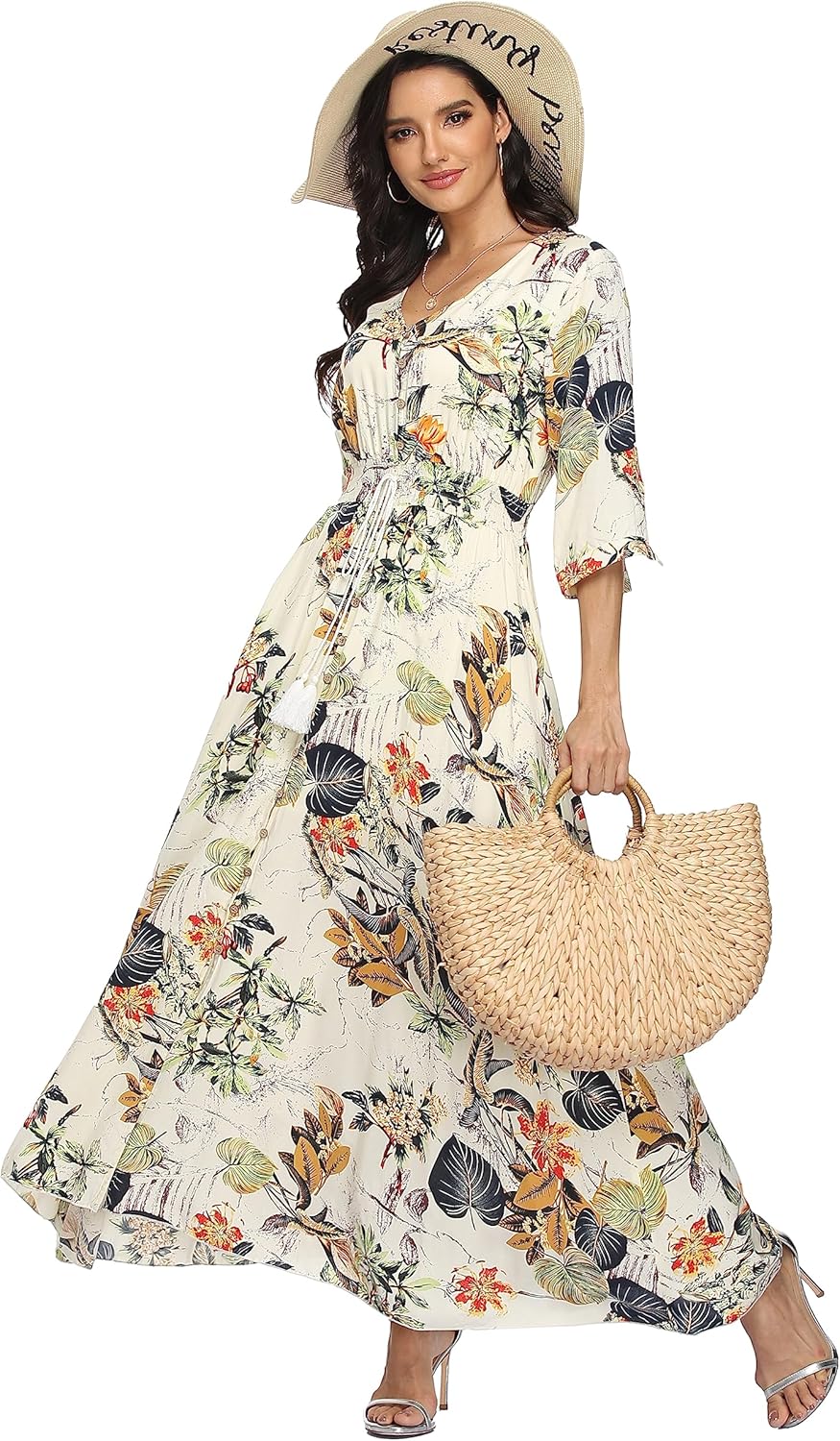 Damen Lange Split Knopf Up Sommer Maxikleid Floral Strandwear Holidy Kleid Hohe Taille mit kurzen Är