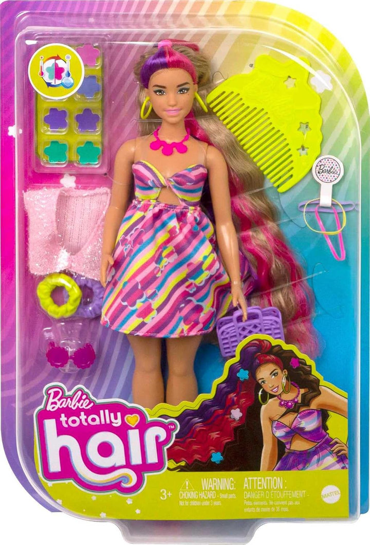 Barbie HCM89 - Totally Hair Puppe (Blond/Bunte Haare) im Blumen Print Kleid mit 15 Zubehör Teilen fü