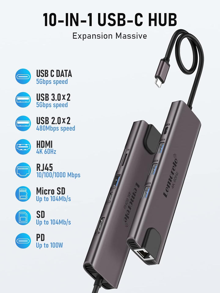Lemorele Aluminiumgehäuse USB-C Hub Docking Station11-in-1-4K@60Hz HDMI, Gigabit Ethernet, 100W PD,
