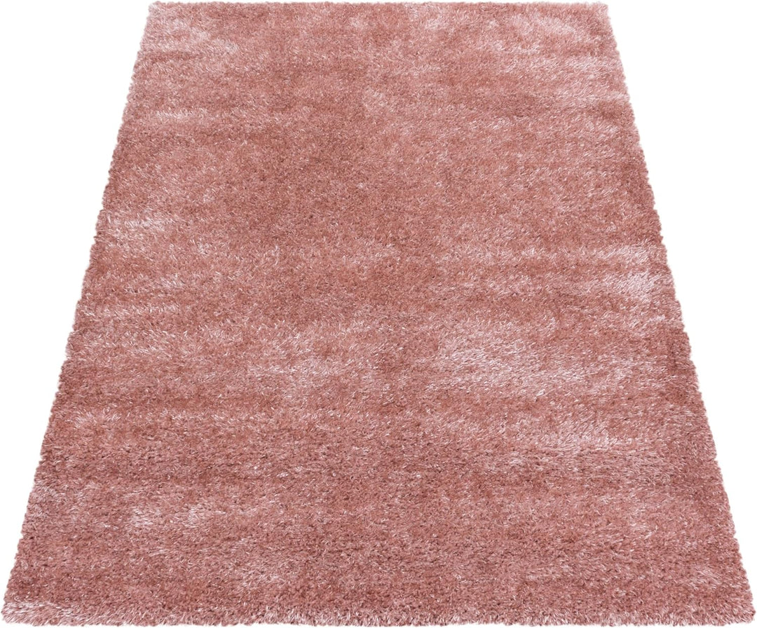 HomebyHome Shaggy Teppich Wohnzimmer 120 cm Rund - 50 mm Florhöhe Hochflor Wohnzimmerteppich Rosa Ex
