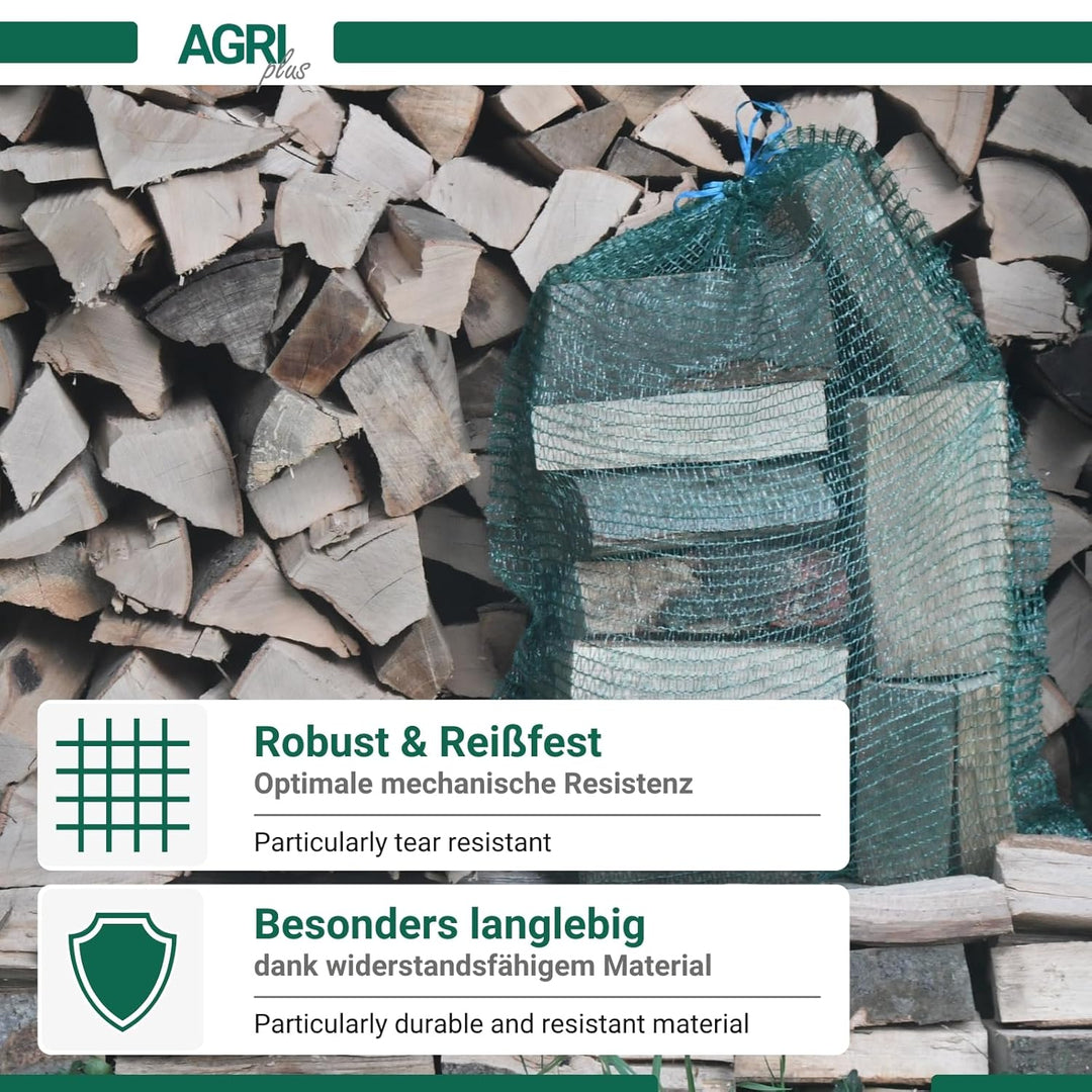 100 x Holzsäcke/Raschelsäcke für Brennholz 60 x 80cm - Mit Zugband - Dunkelgrün - Brennholzsäcke - A