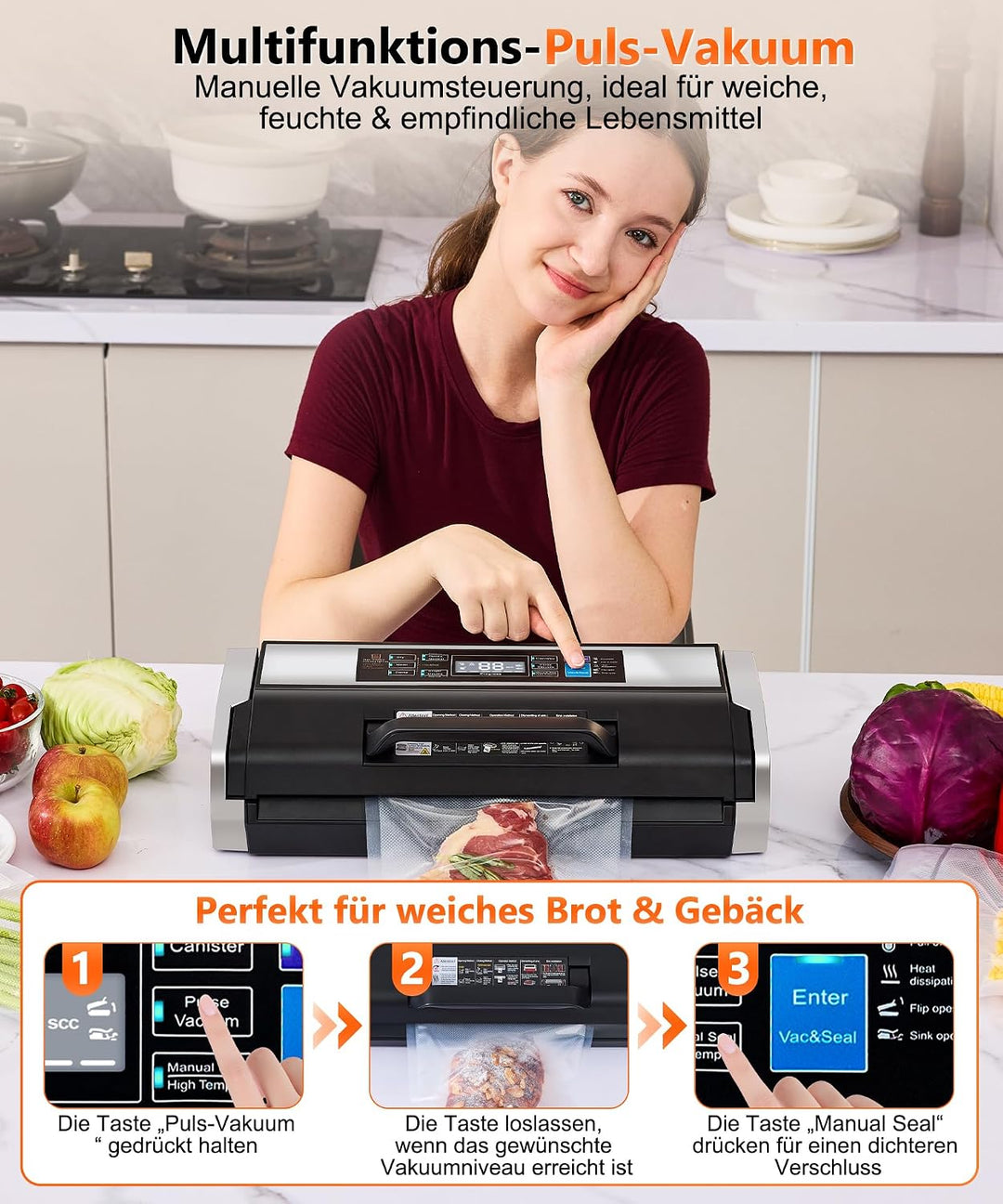 95kPa Vakuumiergerät mit doppelter Schweissnaht 10-IN-1 Profi-Vakuumierer | Inkl. 1 Rollbeutel, 15 F
