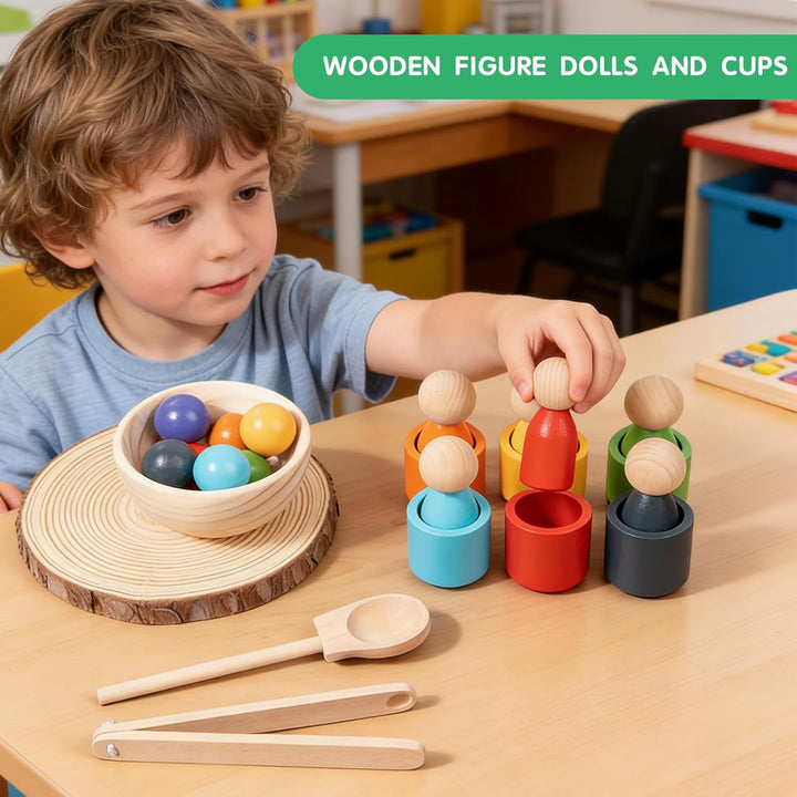 Montessori Holz Sortier Set,7 Regenbogen Bälle 30mm + 7 Tassen,Sensorisches Lernmaterial für Farbe S