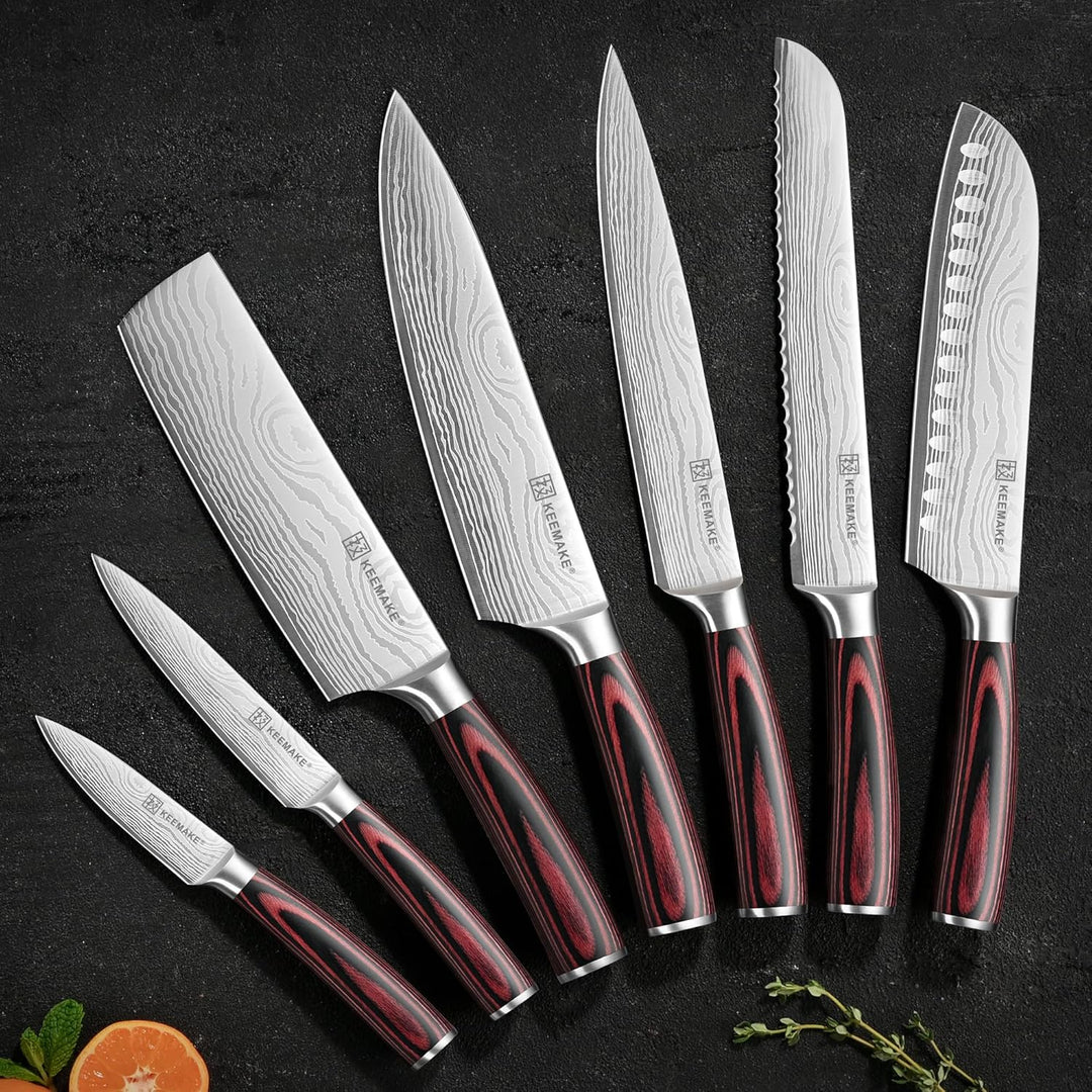KEEMAKE Küchenmesser Set 7 teilig, Messerset aus Edelstahl mit Profi Brotmesser Kochmesser Santoku M