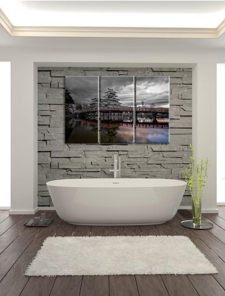 Pixxprint asiatischer Tempel an See als Leinwandbild/Grösse: 3 Teilig (120x80) cm/Wandbild/Kunstdruc