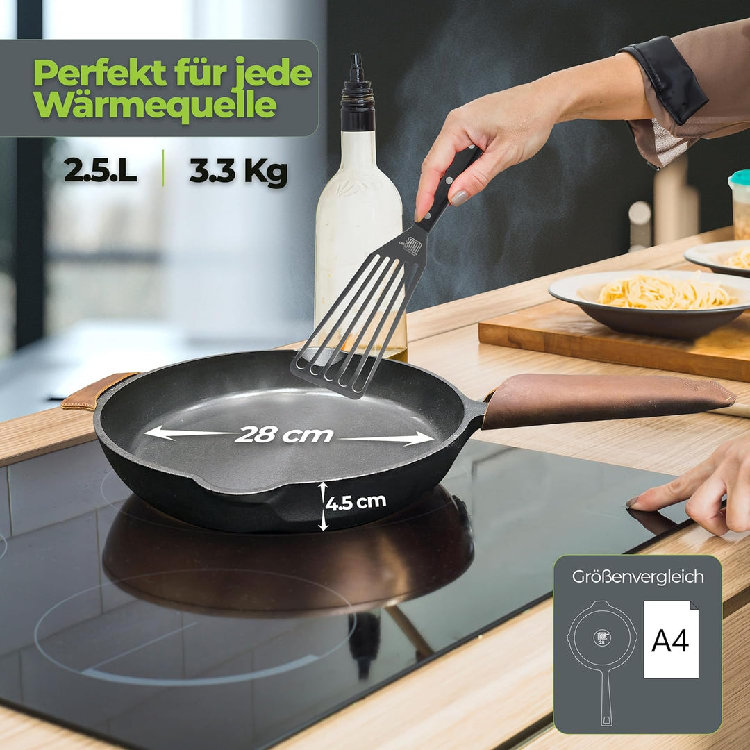 THOR® Gusseisenpfanne Induktion 28cm inkl. Zubehör - geschliffene Oberflächen I Bratpfanne Induktion